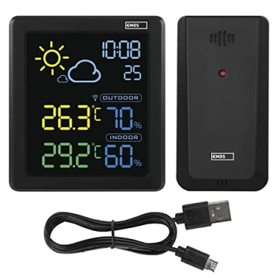 Afbeelding van EMOS Draadloos weerstation met VA kleurendisplay en buitensensor, thermometer, hygrometer, weersvoorspelling, klokweergave, wekker, 1,5 m micro USB kabel, zwart