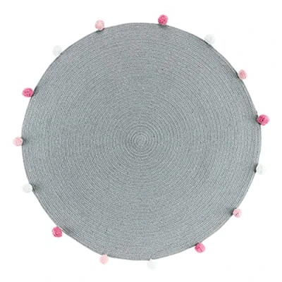 Afbeelding van Douceur d&#039;Intérieur Tapijt rond + pompons (0) 90 cm polykatoen Uni Pompomparty grijs