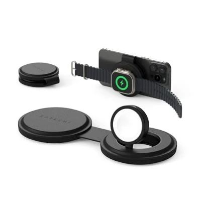 Afbeelding van SATECHI OnTheGo 2 in 1 Qi2 Reislader met 15W snelladen voor iPhone en 5W Apple Watch, Draadloze magnetische MagSafe oplader Zwart
