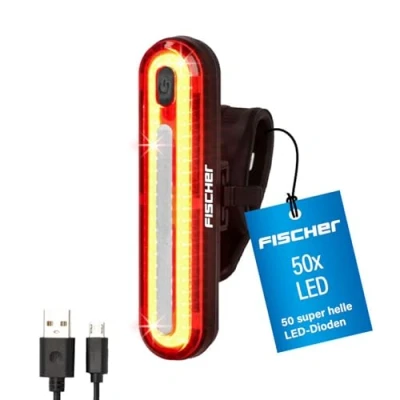 Afbeelding van Fischer Fiets led accu tafellamp, 50 leds, achterlicht, achter met en USB oplaadfunctie, spatwaterdicht conform IP44, StVZO goedgekeurd