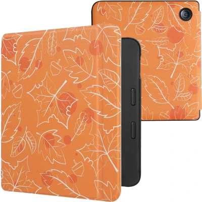 Afbeelding van kwmobile E reader hoesje geschikt voor Tolino Vision 6 hoes flip case met magnetische sluiting Ereader cover Herfst design in wit / oranje bruin