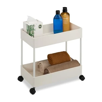 Afbeelding van Relaxdays keuken trolley met wieltjes 2 laags badkamer kunststof serveerwagen wit