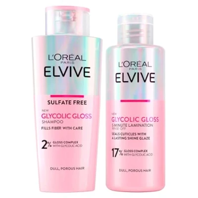 Afbeelding van L&#039;Oréal Paris Elvive Glycolic Gloss Shampoo met Glycolzuur Voor Poreus en Dof Haar 200ml + 5 Minuten Lamineringsbehandeling Sluit de Haarschubben Zorg Een Intense Glans 2 Flessen