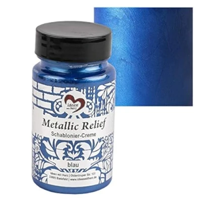 Afbeelding van Ideen mit Herz Sjabloneercrème metallic reliëf, fijne structuurpasta, sjabloneerkleur, sjabloneerpasta, 90 ml, op waterbasis (blauw)