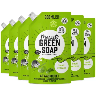 Afbeelding van 6x Marcel&#039;s Green Soap Afwasmiddel Basilicum &amp; Vertivert Gras Navulling 500 ml