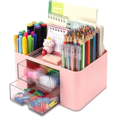 Afbeelding van KAHEIGN Bureauorganizer met 2 laden, 19 cm x 14 cm, multifunctionele bureau opgeruimde organizer, pennenhouder grote capaciteit, make uporganizer voor kinderen, lerarencadeau, kantoor, school,