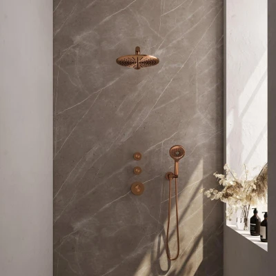 Afbeelding van Brauer Copper Edition Regendoucheset inbouw hoofddouche 30cm 3 gladde knoppen rechte wandarm handdouche rond standen PVD geborsteld