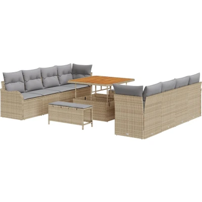 Afbeelding van vidaXL 11 delige Tuin Sofa Set met Kussens Beige Poly Rattan Acacia, 2 Zits Opslag &amp; Rattan, 3 Eetset Acacia
