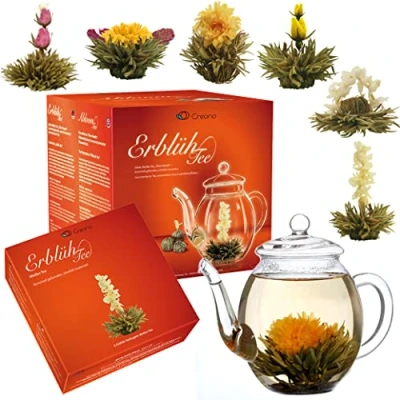 Afbeelding van Creano Theebloemen Mix Cadeauset &quot;ErblühTee&quot; Lenteoogst met Glazen Kan Witte Thee (in 6 soorten)