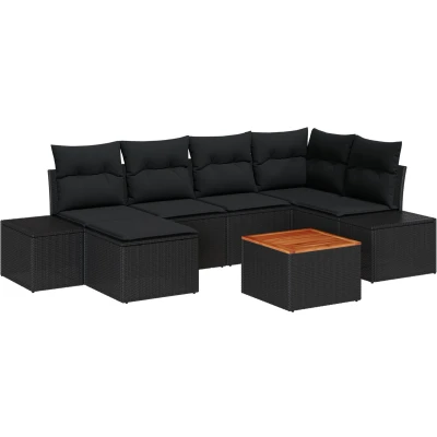 Afbeelding van vidaXL 7 Persoons Tuinstoelen Set met Kussens Zwart Poly Rattan Acacia