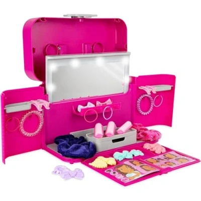 Afbeelding van Casdon Ultieme stylingcase. Opvouwbare haarstyling en accessoirekoffer met oplichtende spiegel, stijlboek haaraccessoires. Speelset voor kinderen vanaf 3 jaar, roze