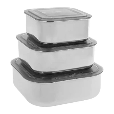Afbeelding van Equinox 530872 Set van 3 vershouddozen roestvrij staal, luchtdicht, vierkant, met kunststof deksel, inhoud 600 ml/900 ml/1500 ml