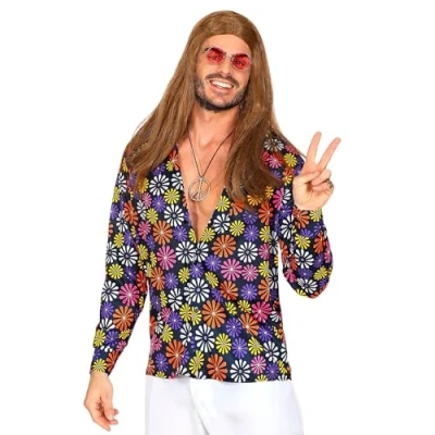 Afbeelding van Widmann Hippie Kostuum Shirt Vol Madeliefjes Man Paars, Multicolor Large / XL Carnavalskleding Verkleedkleding