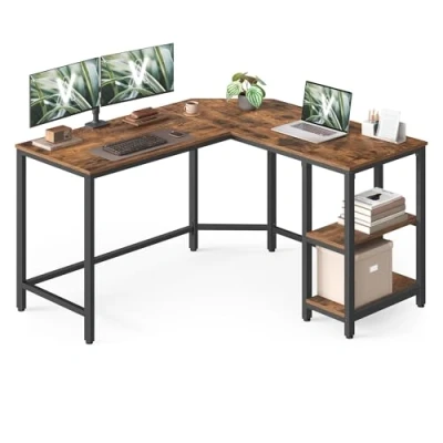 Afbeelding van VASAGLE Bureau, L vormig computerbureau, 120 x 130 76 cm, hoekbureau met 2 planken, ruimtebesparende kantoortafel, thuiskantoor, gamen, vintage bruin inktzwart LWD123K01