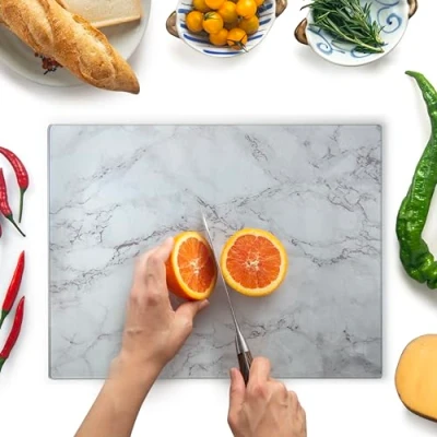 Afbeelding van glazen snijplank 40x30cm: werkbladbeschermer voor keuken, duurzaam, hygiënisch, krasbestendig, hittebestendig, gemakkelijk schoon te maken GRIJS MARMEREFFECT