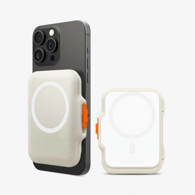 Afbeelding van Spigen TinTap MagFit+ Magnetische Kaarthouder ontworpen voor MagSafe met sluitsysteem Compatibel iPhone 15/14/13/12 modellen Wallet Dune Beige