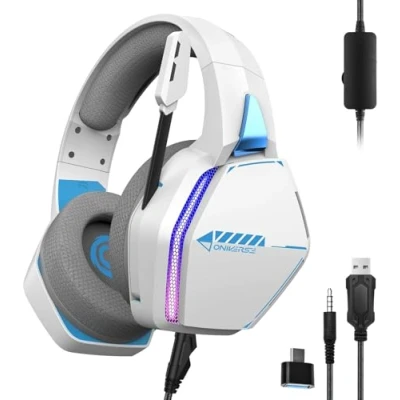 Afbeelding van Oniverse Gaming Headset voor PS5 PS4 SWITCH XBOX PC MAC met verstelbare microfoon, LED, 50 mm luidsprekers en ademende stoffen oorkussens Bedrade stereogamer hoofdtelefoon Nebula (Arctic White/Wit)
