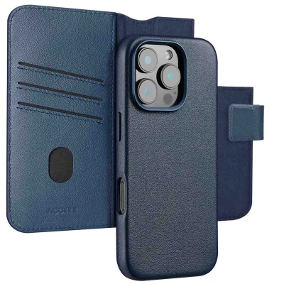 Afbeelding van Apple iPhone 16 Pro MagSafe Hoesje Echt leder Accezz Bookcase/2 in 1 Case Donkerblauw Telefoonhoesje