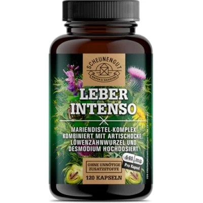 Afbeelding van LEBER INTENSO® lever capsules hoge dosis belangrijk: laboratoriumgetest met mariadistel, artisjok, paardenbloem, demodium plus 80% silymarine en 5% cynarine DE SCHEUNENGUT