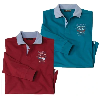 Afbeelding van ATLAS FOR MEN Set van 2 poloshirts voor heren met lange mouwen Sport Chic verkrijgbaar in grote maten M tot 5XL, Bordeaux en eendenblauw, 4XL