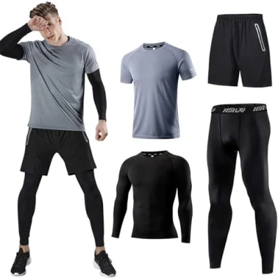 Afbeelding van Holure Sporthardloopset voor heren, set van 4 of 5 stuks, atletisch shirt, korte compressieshirt + broek met jas, trainingspak, gympakken, verpakking: grijs, XXL