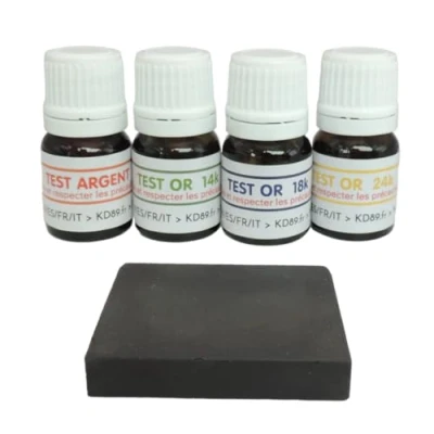 Afbeelding van KD89 Assortiment reagentia / oplossingen voor het testen van goud 14 18 24 karaat en zilver met natuursteen meertalige handleiding Expertise sieraden, munten, lingotins 2,5 ml