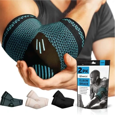 Afbeelding van POWERLIX Elleboogsteun voor mannen/vrouwen/kinderen, 2 pack elleboogbrace compressiearmsteun tendinitis, tenniselleboog, steunmouwen sportbescherming en pijnverlichting, Blauw XL