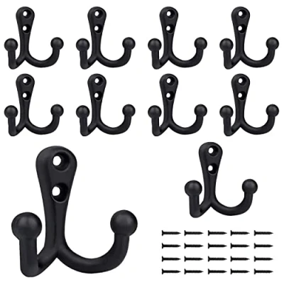 Afbeelding van BIGLUFU 10 stuks kapstokhaken, zware dubbele pen, wandmontage met 20 schroeven, retro utilityhaken voor jas, sjaal, tas, handdoek, sleutel, pet, beker, hoed (zwart) (10 stuks)