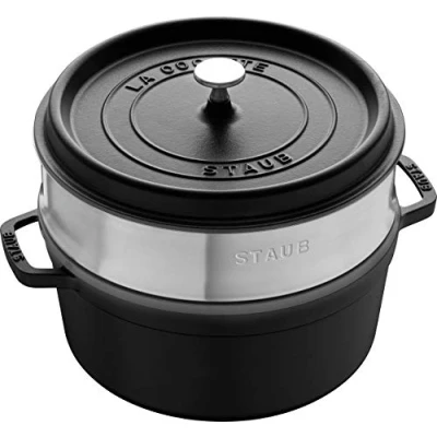 Afbeelding van STAUB Gietijzeren braadpan/cocotte met stoominzet, rond, 26 cm, 5,2 l, matzwarte emaillering aan de binnenzijde, zwart