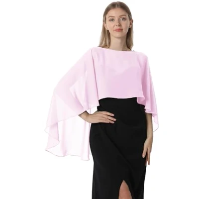 Afbeelding van Hotshawl Capelets voor vrouwen, chiffon cape, sjaals en wraps avondjurk, bruiloft, cover up., roze, Eén Maat