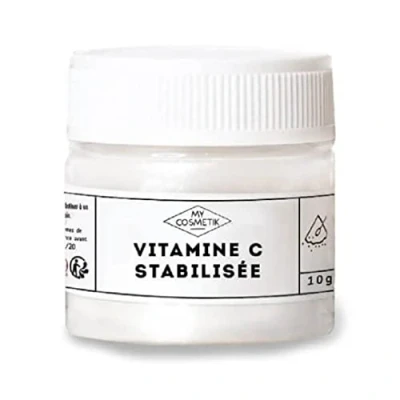 Afbeelding van MY COSMETIK Gestabiliseerde vitamine C 10g Anti aging en antioxiderende cosmetische werkzame stof 100% puur natuurlijk Gemaakt in Frankrijk kristallen pot