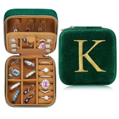 Afbeelding van Initiale sieradenkistje, klein sieradenkistje met naam, initiaal, K reisorganizer, box spiegel, voor dames en meisjes, cadeau verjaardagen, Kerstmis, Moederdag