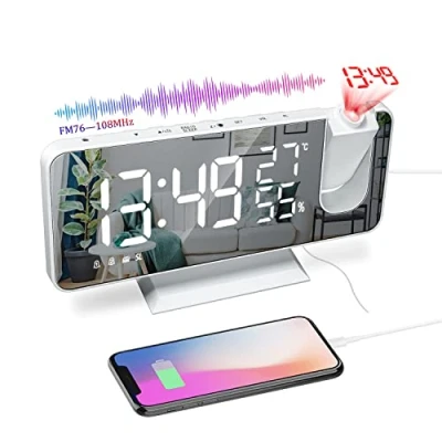 Afbeelding van VORRINC Projectiewekker, radiowekker, digitale wekker met FM radio, 7 inch led spiegelscherm, dubbel alarm USB aansluiting, 4 projectielichtingen, 180 graden flipweergave en 12/24 uur (B)