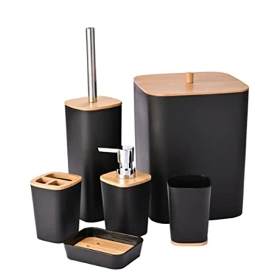 Afbeelding van Yorkmills 6 Stuks Bamboe Badkamer Accessoires Set, Luxe Accessoire Bin En Toiletborstel Tandenborstelhouder Tumbler Zeepbakje Prullenbak Zeepdispenser Bad Set Gift