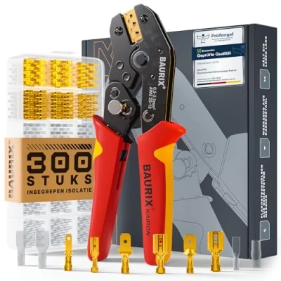 Afbeelding van BAURIX® Krimptang incl. 300 Stuks Platte Kabelschoenen Set Assortiment voor [0,50 2,50mm²] Connectoren Ferrule Crimping Tool Kit Kabelschoen