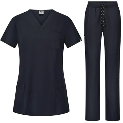 Afbeelding van B well Bella Scrubset voor dames, jas en broek, set, geneeskunde, arts, uniform, beroepskleding, dikke stof, zwart, XL