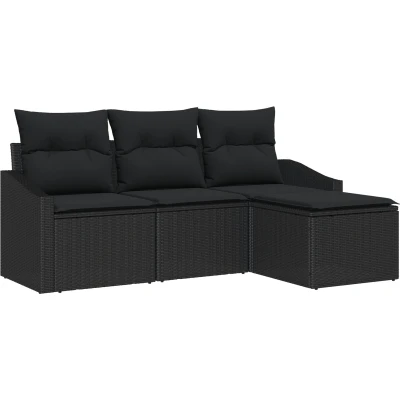 Afbeelding van vidaXL 4 delige Tuin Sofa Set met Kussen Zwart Poly Rattan