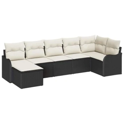Afbeelding van vidaXL 7 Delige Tuin Sofa Set met Kussens Zwart Poly Rattan, 2 Zitter Opslag &amp; Rattan