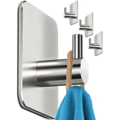 Afbeelding van Menz Handdoekhouder zonder boren, 4 stuks roestvrijstalen kleefhaken extra sterk, roestvrij, ideaal als handdoekhaak voor badkamer en keuken premium haak zelfklevend incl. kleefpads