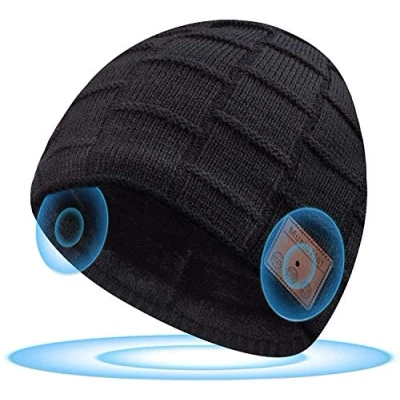 Afbeelding van Praktische geschenken voor mannen Bluetooth muts papa vader Kerstmis elektronica technologie gadgets, met hoofdtelefoon muzikant vissers fiets wandelaars, zwart, L