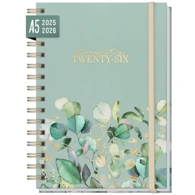 Afbeelding van =International Calendar 2025/2026 A5 &quot;Minty Leaves&quot; weekplanner voor 18 maanden (jul 25 dec 26) in talen: EN/FR/IT/ES duurzaam en klimaatvriendelijk