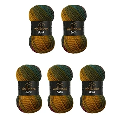 Afbeelding van 5 x 100 g Batik wolbijen 500 gram wol met kleurverloop, meerkleurig, breiwol, haakwol (5800 rood, groen, oker)