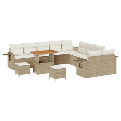 Afbeelding van vidaXL 13 delige Tuin Sofa Set met Kussens Beige Poly Rattan Acacia, 3 Eetset Acacia