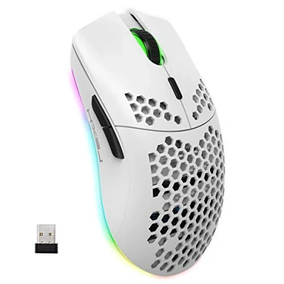 Afbeelding van Draadloze Gamingmuis, 2,4G Lichtgewicht Honingraatschaal Ergonomische RGB Muizen met 750mAh Oplaadbare Batterij, Energiebesparing, 6 Knoppen en Mini USB Ontvanger voor Windows, Mac OS, Laptop, Smart TV(Wit)