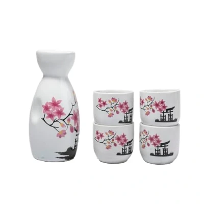 Afbeelding van lachineuse Traditioneel Sake servies Pagode en kersenbloesems met 4 kommen karaf Aziatisch cadeau van Japan idee