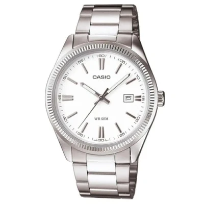 Afbeelding van Casio MTP 1302D 7A1 Classic herenhorloge kwarts analoog witte wijzerplaat grijze stalen armband, Wit/Grijs, armband