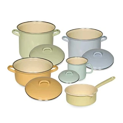 Afbeelding van Riess, 0547 006, emaille set 5st, BUNT/Pastell, 2 kookpotten met chromen rand 18, 22 cm deksel, 1 steelpan deksel 20 cm, 16 14