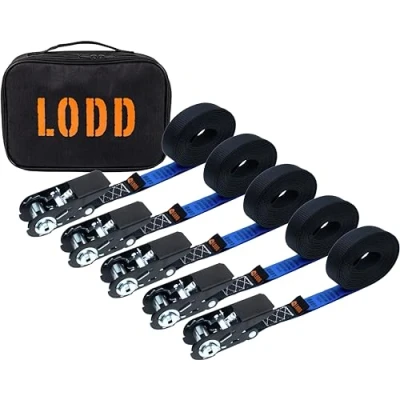 Afbeelding van LODD Set van 5 hoogwaardige spanbanden met ratel, 6 m x 25 mm, draagtas, belastbaar tot 800 kg, voldoet aan 12195 2. Ideale bevestiging voor aanhanger, auto, caravan, fiets, verhuizing