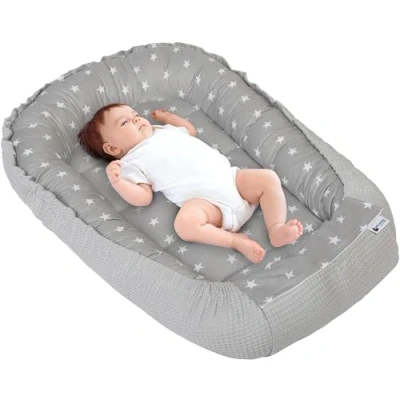 Afbeelding van Medi Partners Babynest Knuffelnest 100% Katoen Wafel Reisbedje Voor baby&#039;s Zuigelingen 100x60x15cm Veilige sluiting (Sterren met grijze Wafel)