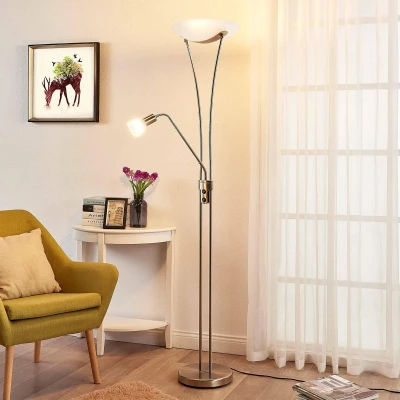 Afbeelding van Lindby vloerlamp 3 lichts metaal, glas H: 180 cm E27 nikkel gesatineerd, wit alabaster